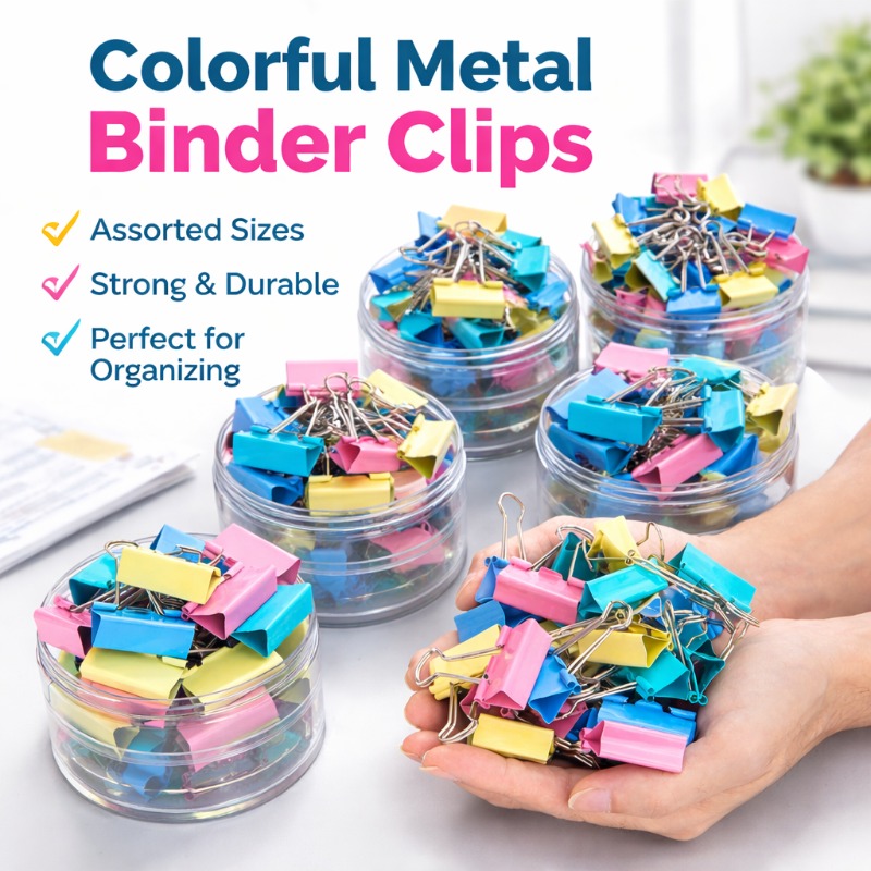 Binder Clip Assorted - 40個入り/セット 長いカラフルな金属製バインダークリップ、各種サイズのオフィス用ペーパークリップ、書類用、黒いファイルクリップ、文房具用品