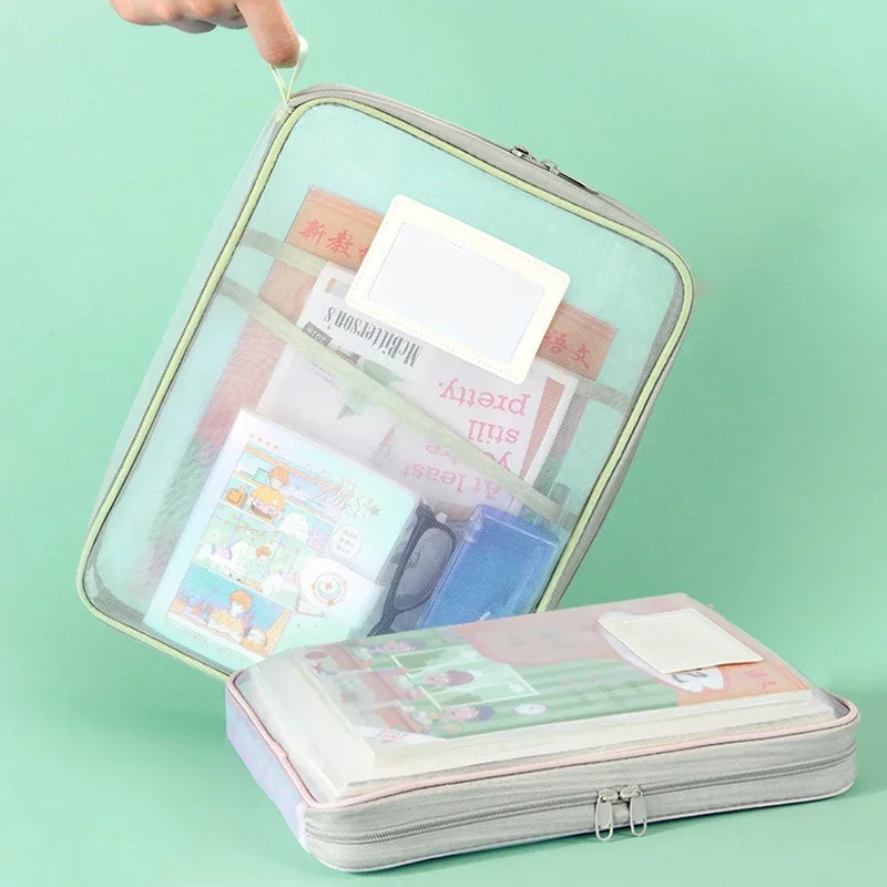 Portfolio Folder Zip - A4クリアメッシュジッパー付きドキュメントバッグ L字型ファイルフォルダー ハンドル付きポータブル試験オーガナイザー 学生用ブック収納ポーチ