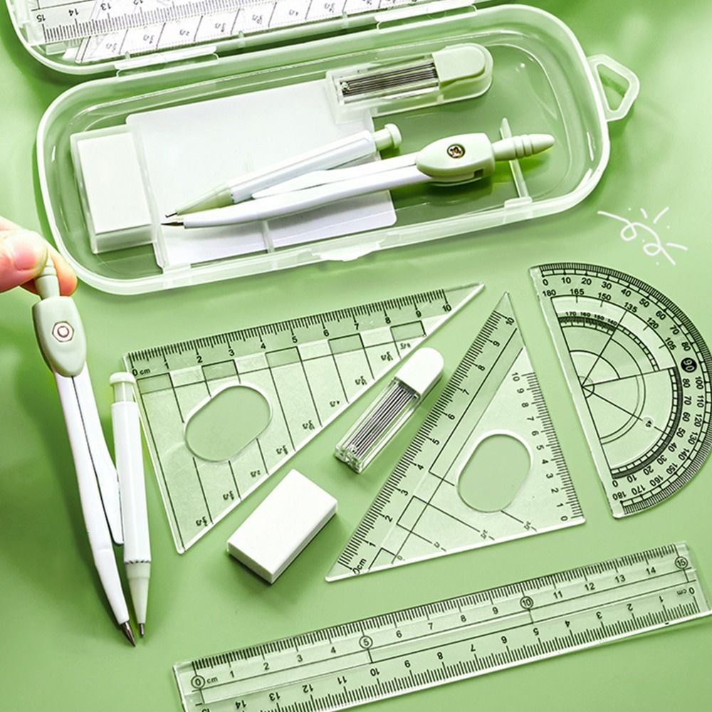 Ruler Set Transparent - 8点セット プラスチック製定規 コンパスセット 消しゴム 直線定規 分度器セット