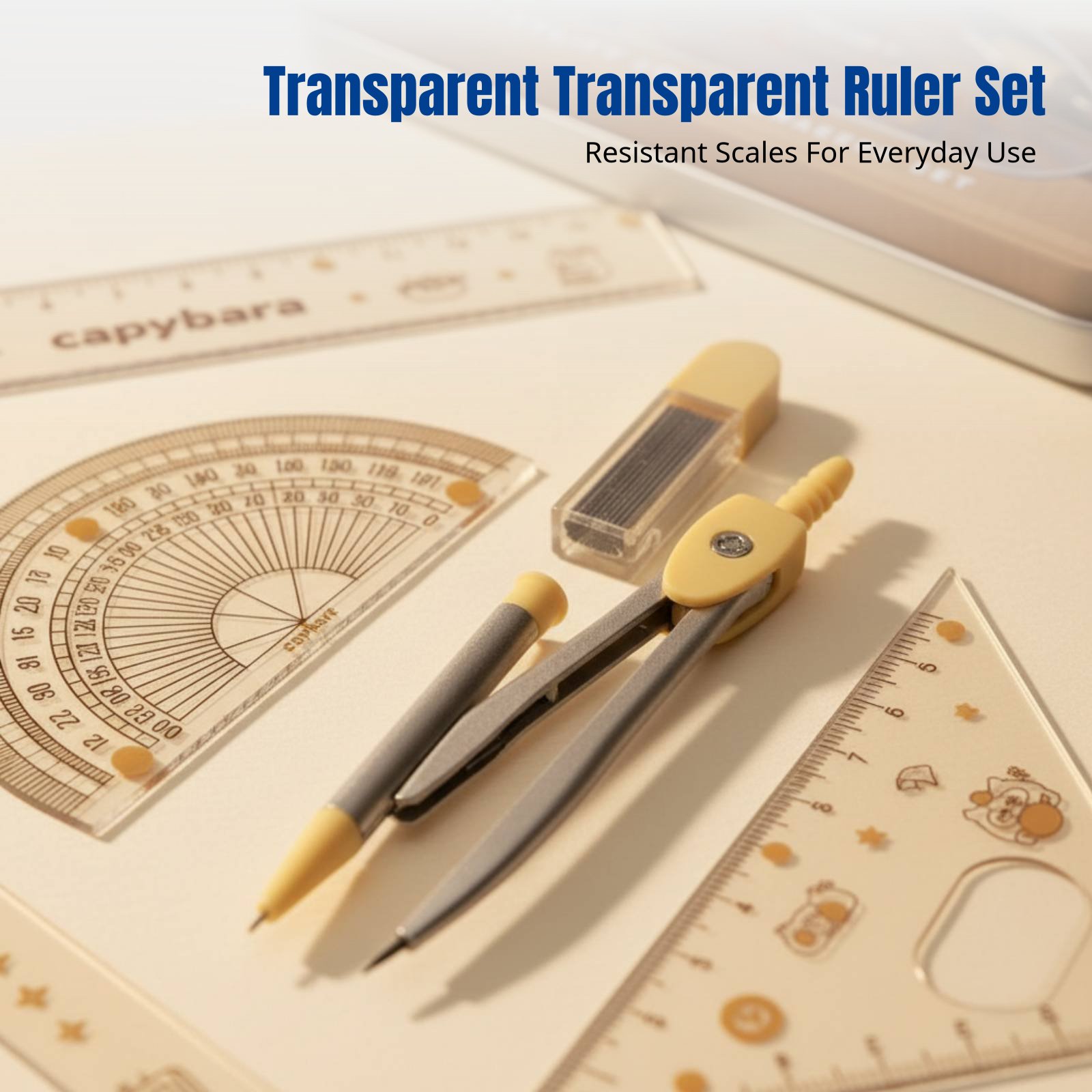 Ruler Set Transparent - 学生用定規セット、漫画テーマ、透明、小学校・中学校用、かわいい生き物デザイン