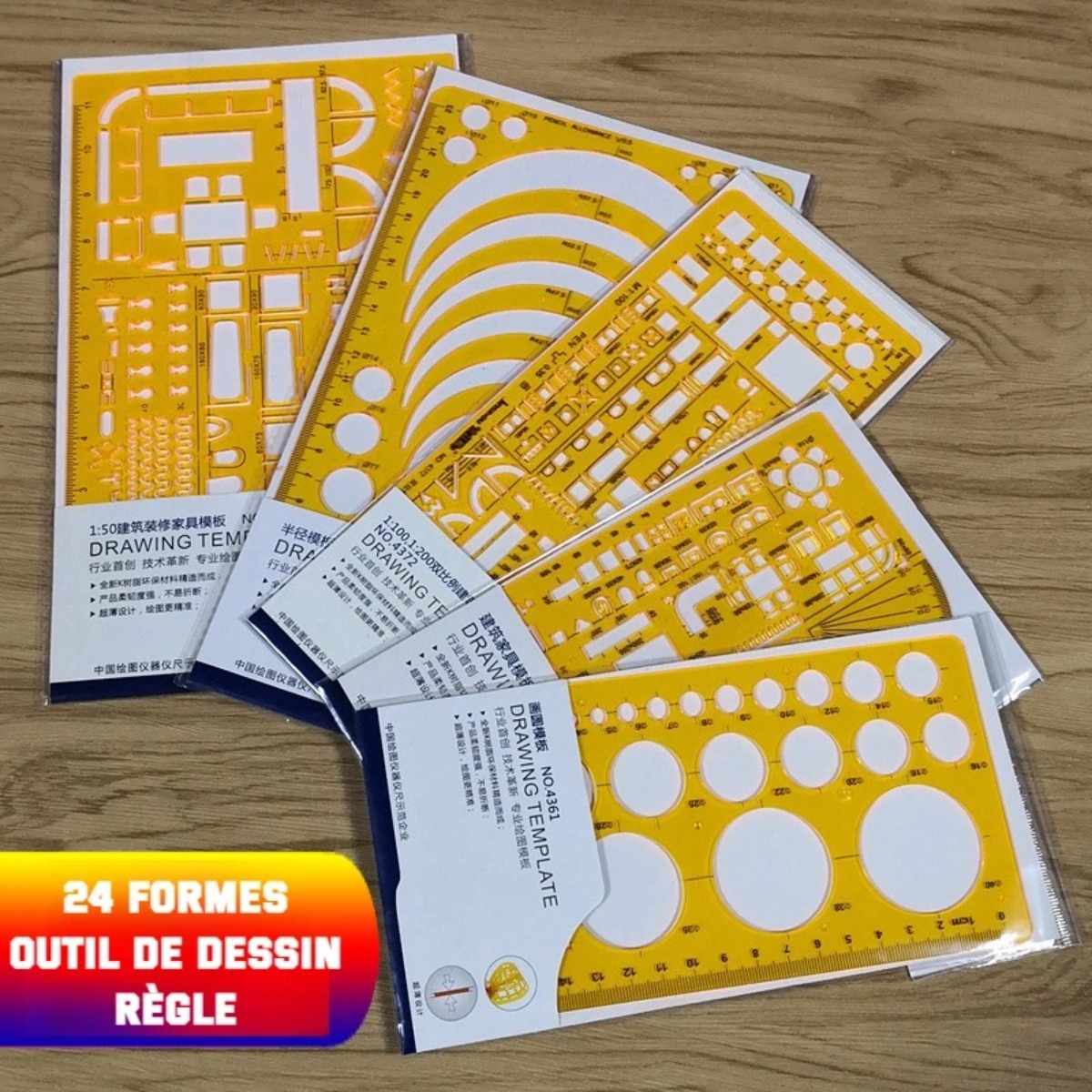 測定定規付き幾何学図形テンプレートセット - 黄色の透明プラ - Ruler Set Transparent のレビューと価格