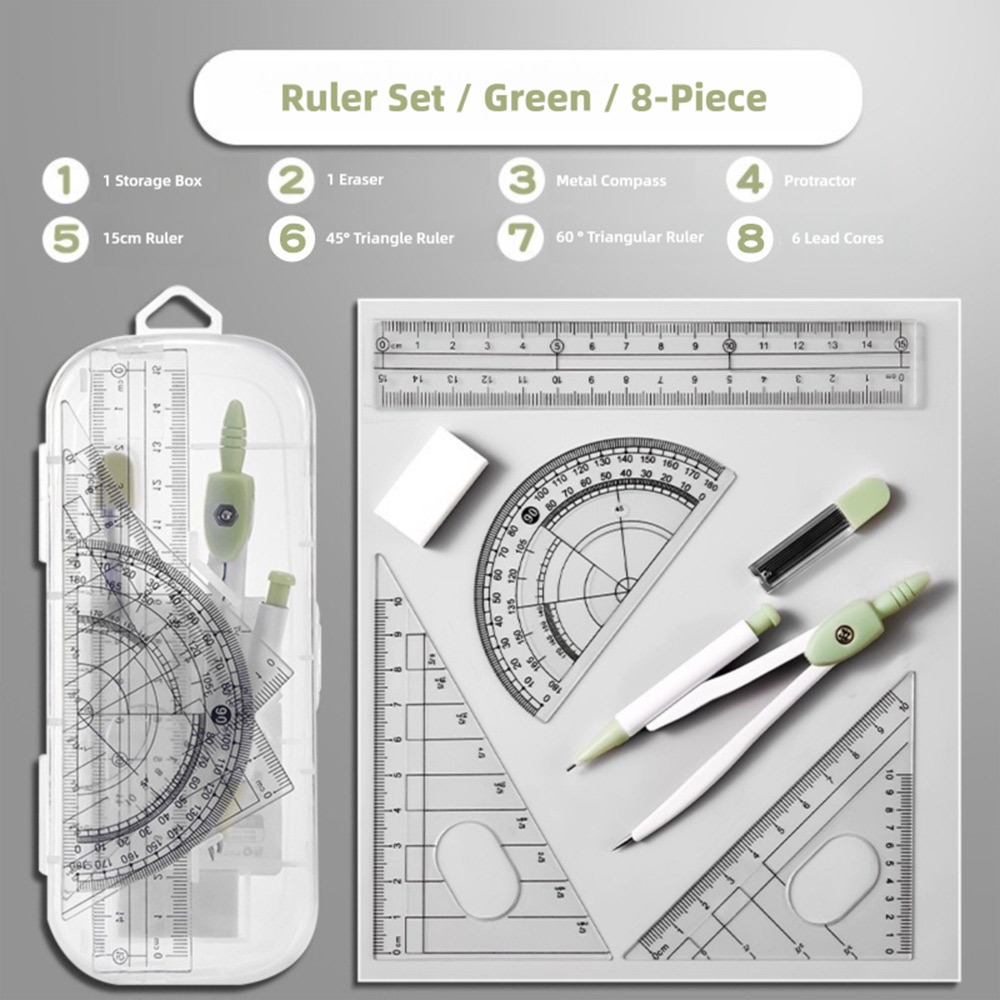 8 ピース/セットプラスチック定規コンパスセット透明消しゴム - Ruler Set Transparent のレビューと価格